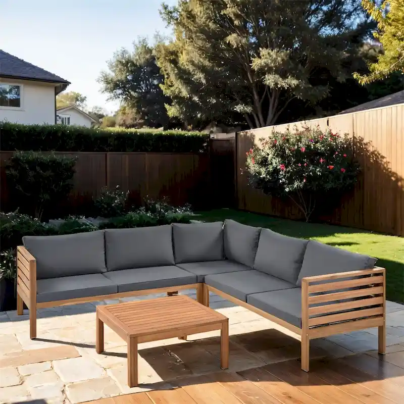 4 Piece Wood Outdoor Sofa Set with Cushions and Coffee Table
