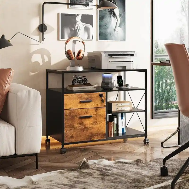 2 Drawer Locking File Cabinet with Charging Station - 15.7 D x 31.7 W x 26.1 H