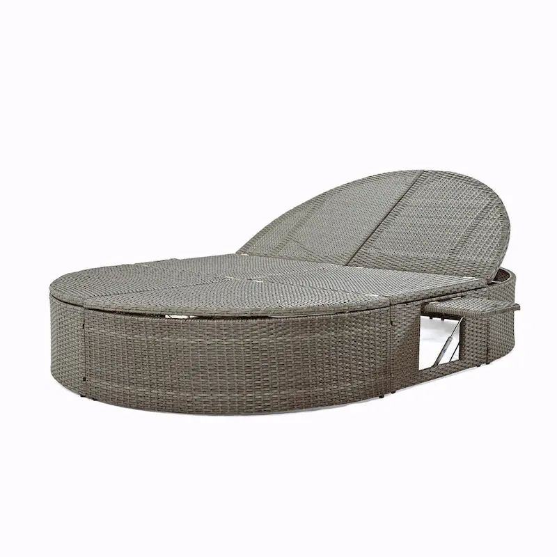 Rattan Patio Daybed with Cushions, Reclining Chaise Lounge, Foldable Trays