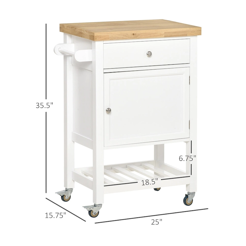 HOMCOM Utility Kitchen Cart, Rolling Kitchen Island with Smooth Rubberwood Top, Narrow Butcher Block Surface on Wheels
