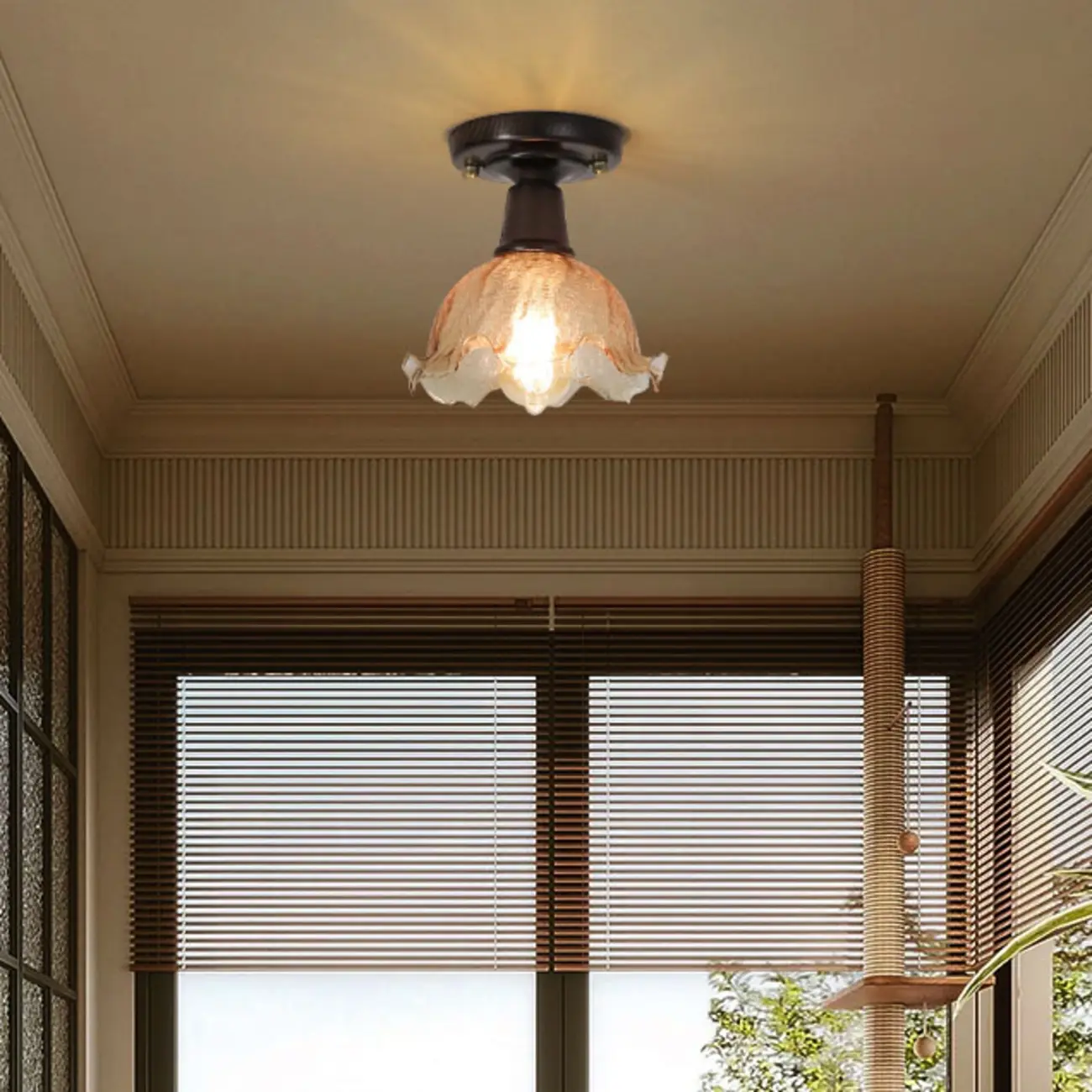 1-Light Vintage Brown Glass Floral Semi Flush Ceiling Light