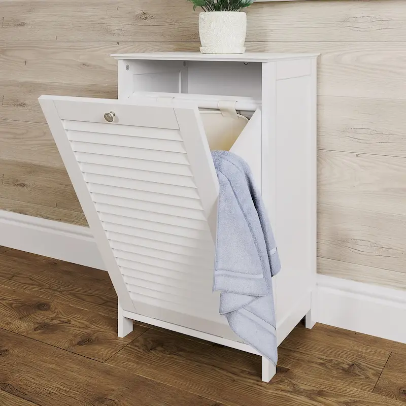 Tilt-Out Laundry Hamper Cabinet with Shutter Door & Cloth Bag — White