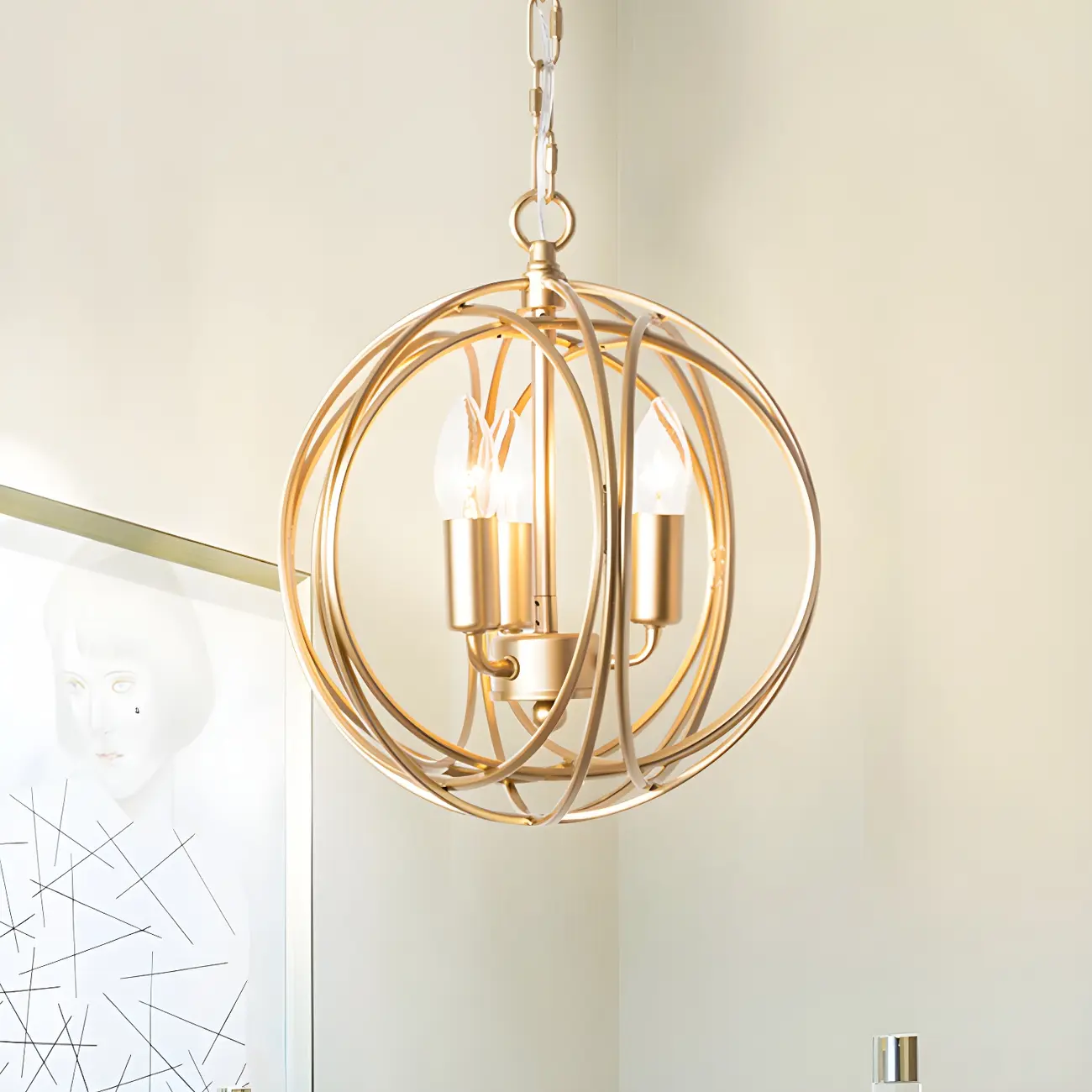 Gold Spherical Metal Cage Candle Chandelier