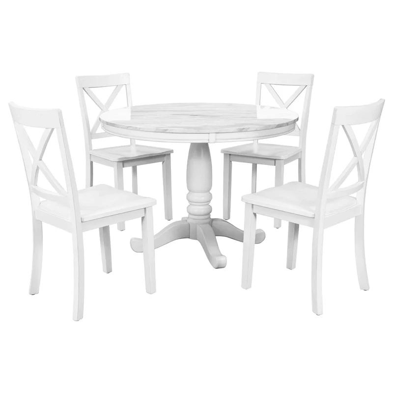 Modern Style Wooden 5-Piece Dining Set with Round Table amd 4 Upholstered Chairs