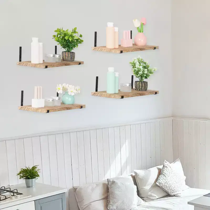 Unique Bargains Bedroom Living Room Bathroom Kitchen Wall Mounted Wood Floating Shelves 4 Pcs