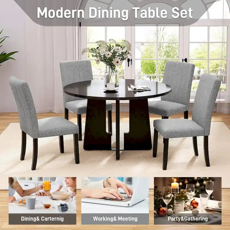 5 Pcs Wood Kitchen Table and Chair Set, 4 People Round Dining Table Set with Faux Marble Top and 4 Upholstered Chairs
