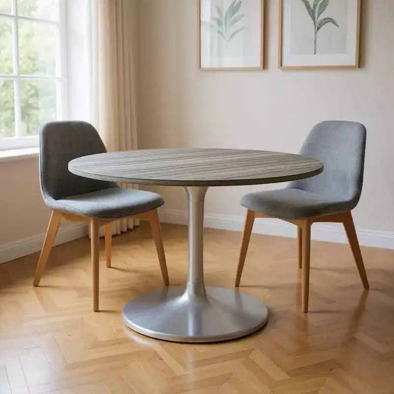 HomeRoots 60 Gray and Silver Marble and Aluminum Pedestal Base Round Top Dining Table