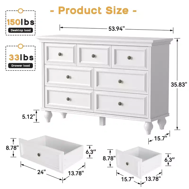 7 drawer dresser, large storage dresser, chest of drawers, white wood storage cabinet, solid wood legs, suitable for bedroom, living room, entryway