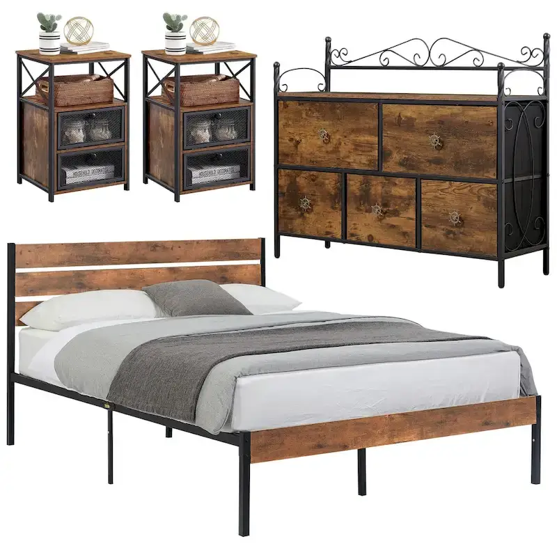 4-Pieces Bedroom Set with Drawer and Nightstands Set of 2, 5-Drawer Dresser, Brown/Grey Set