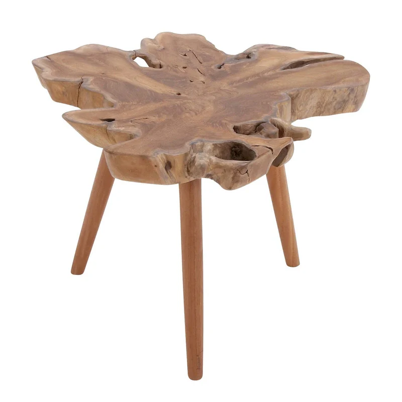Accent Table 27L Solid Teak Wood Live Edge Handmade Tripod Legs Brown Rustic Round