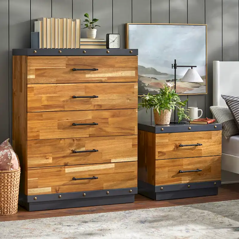 Brown & Charcoal Grey 5-Drawer Chest | Modern Farmhouse Style | 2-Person Assembly