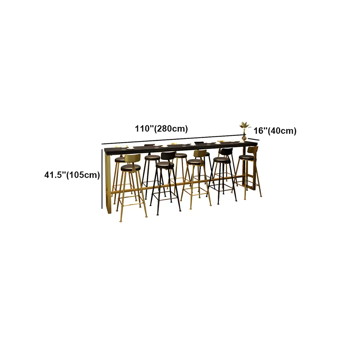Black Gold Glam Metal Pine Wood Bar Tables with Footrest