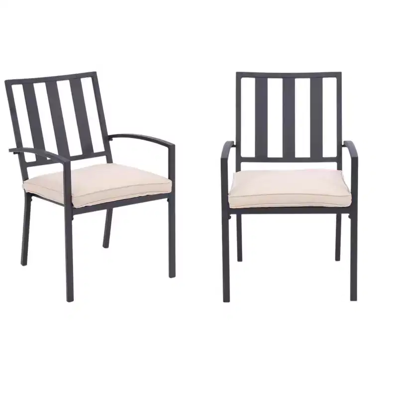 HomeRoots Set of Two Dark Gray Aluminum Outdoor Stacking Dining Chairs with Beige Cushion