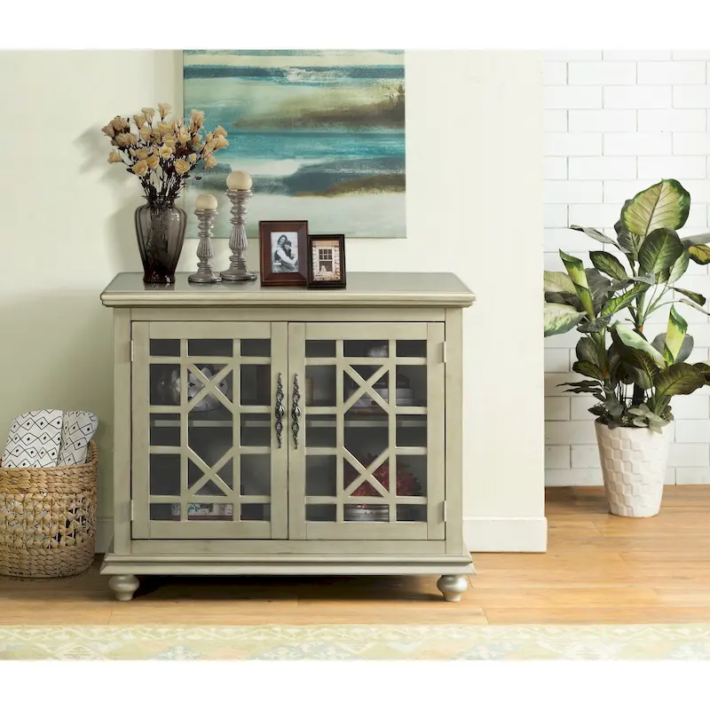 Antique Silver / Cream White / Teal-green / Black / Catalina Blue / Blue-walnut / White-grey / Grey Traditional TV Stand with Trellis Glass Doors - Single Use