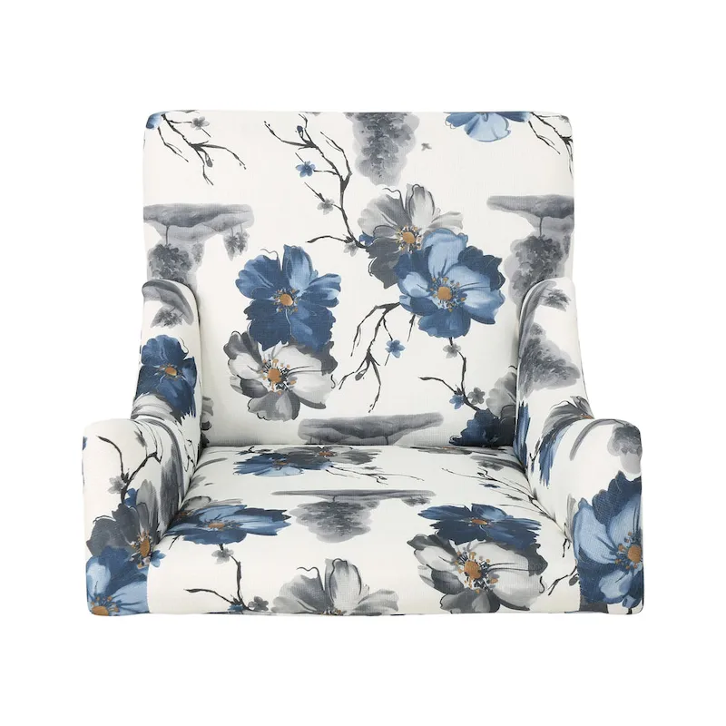 Beige +Blue Flower 28 High-Back Club Chair with Birch Legs