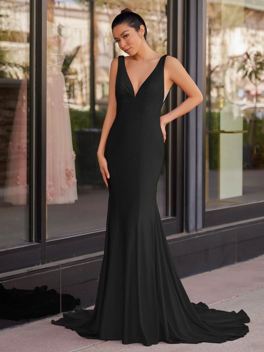 Mermaid Deep V-Neck Beaded Satin Long Prom Dress