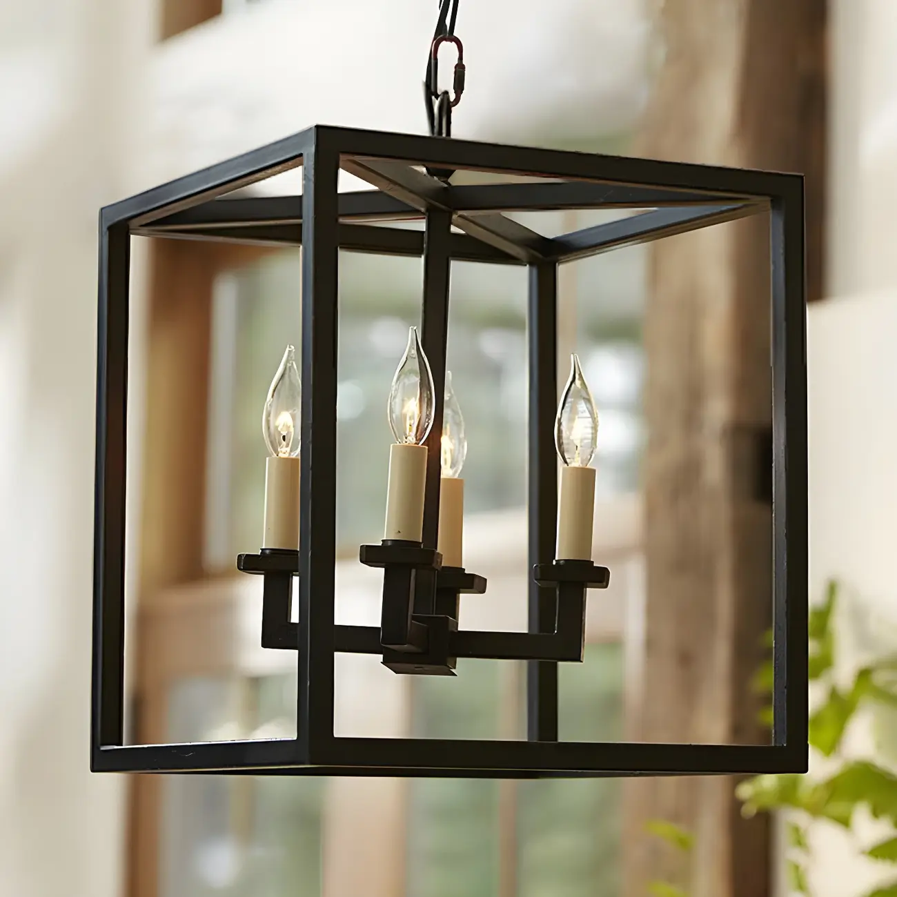 Minimalist Black Metal Square Lantern Candle Chandelier