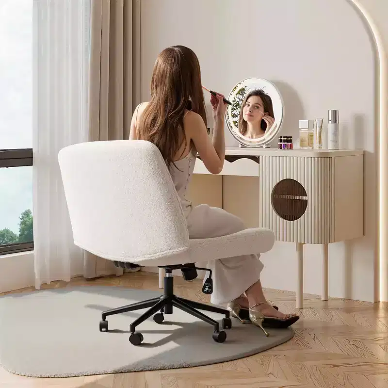 MAYEERTY Cross-Legged Office Vanity Chair, Armless Swivel Fabric Chair with Replaceable Wheels Fixed Base