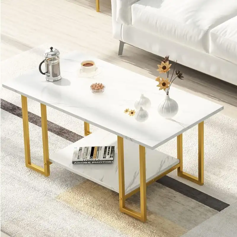 Mieres 39  Wide 2-Tier Faux Marble Top Coffee Table with Steel Frame