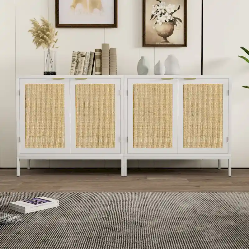 White Wood & Rattan Sideboard Buffet Cabinet with Adjustable Shelf – 31.5x13.8x29.7 in