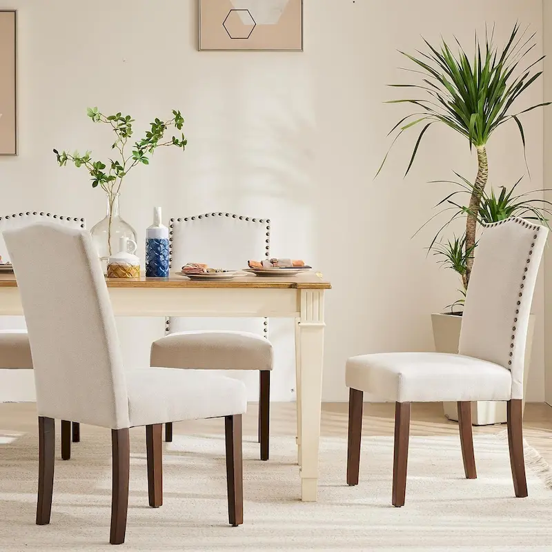 Upholstered Dining Chair Set of 2 with Nailhead Trim and Wood Legs