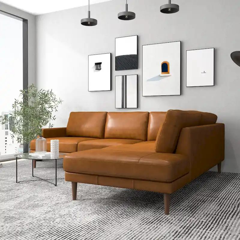 Mid-Century Modern Genuine Leather Corner Sectional Sofa — Cognac Tan, Solid Wood Legs