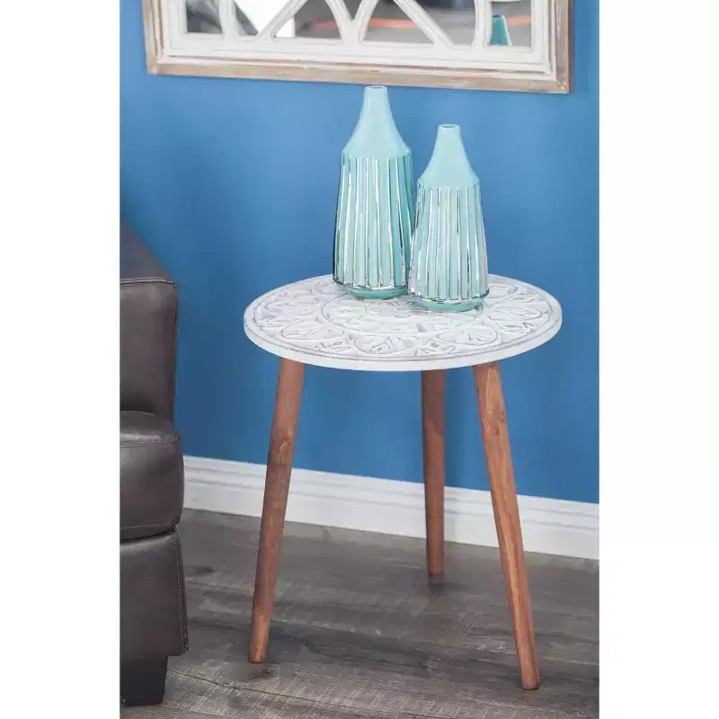 Olivia & May Carved Wooden Accent Table White: Round, Splayed Legs, Contemporary Design