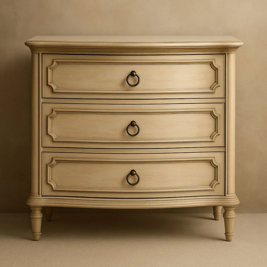 Commode 3 tiroirs en bois avec poignées en métal, beige, 90 cm de haut, 100 cm de large, 45 cm de profondeur