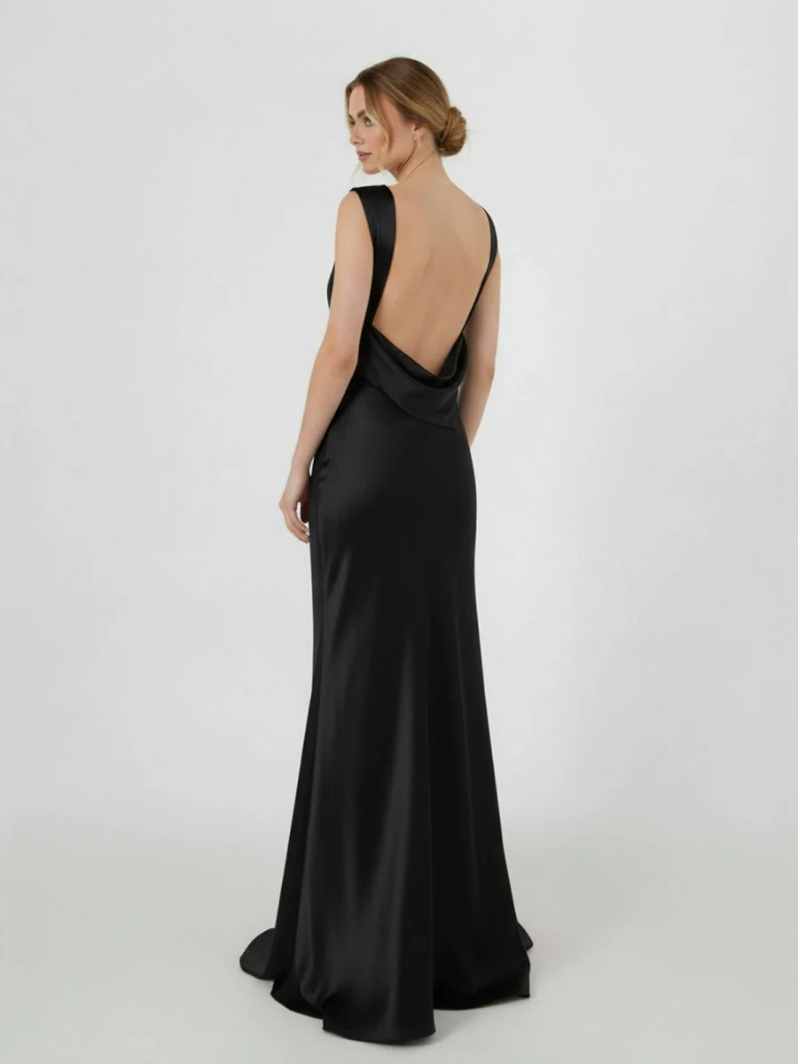 Sheath High Bateau Neck Backless Silk Satin Wedding Dress