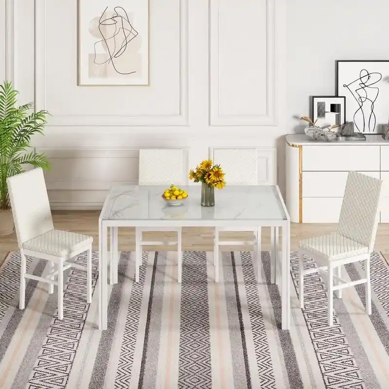Modern Dining Room Table with Tempered Glass Tabletop and Diamond Stitching PU Leather Chairs