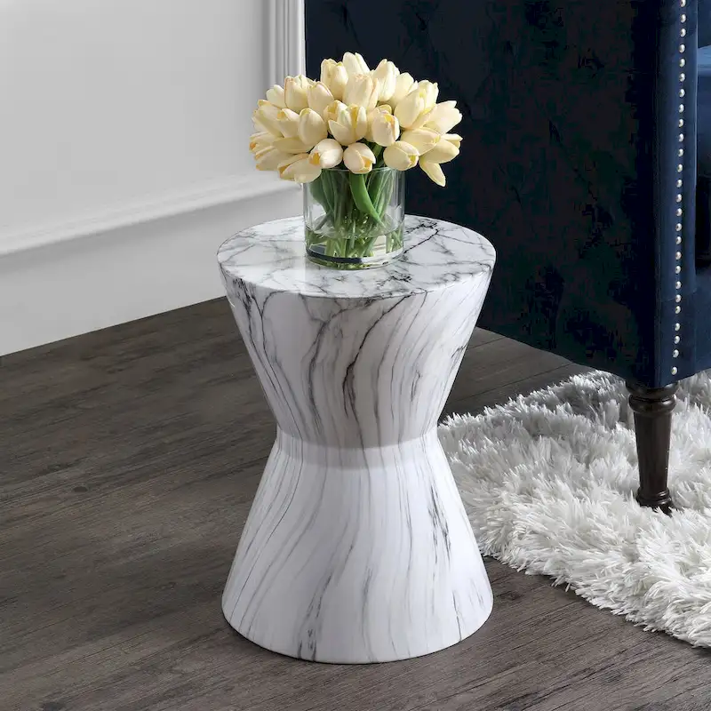 African Drum 17.3  White Marble Finish Ceramic Garden Stool by