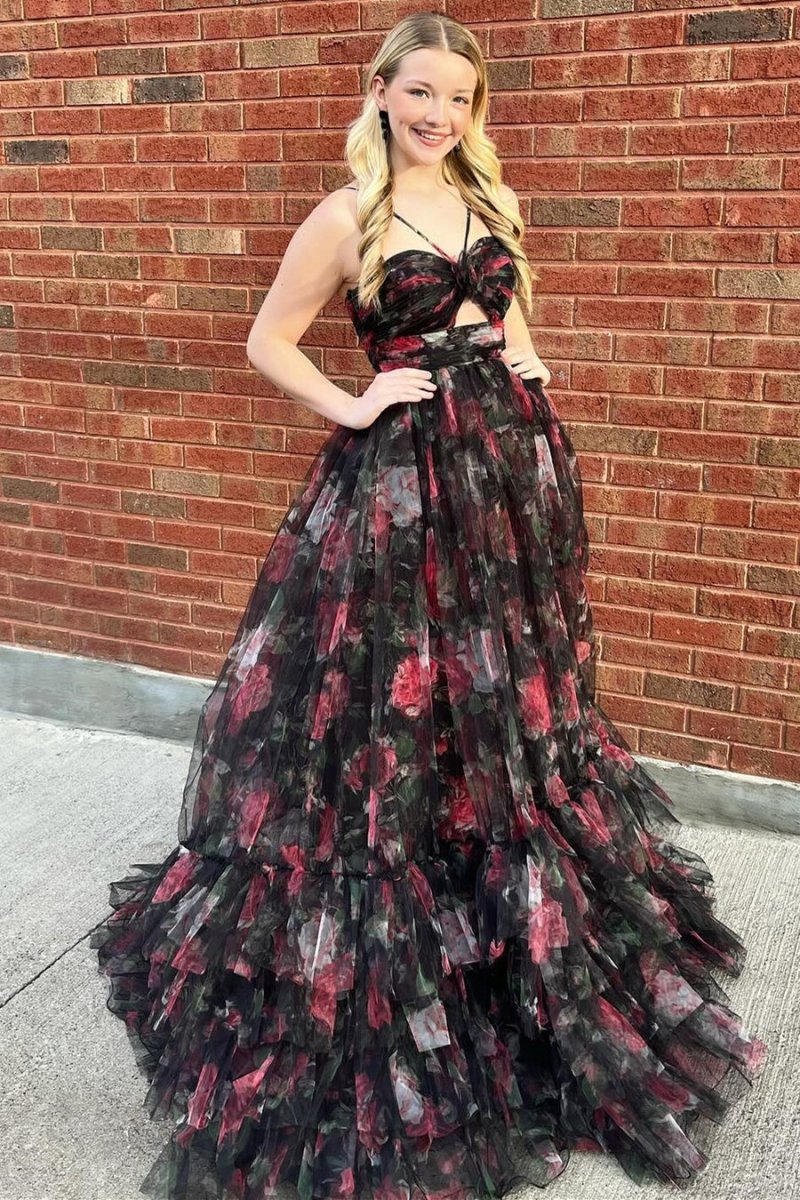 Pink Print Halter Keyhole A-Line Long Prom Dress