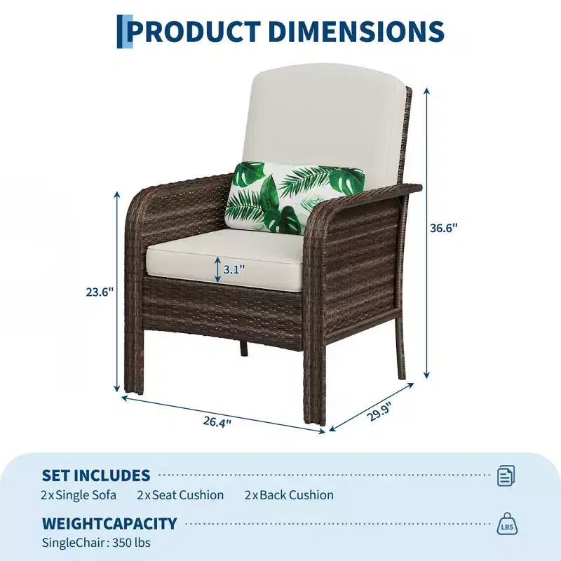 Modern Wicker Chair Set of 2, All-Weather Rattan Outdoor Furniture with Cushions, Minimalist Patio Conversation Bistro Set for Balcony & Deck Decor