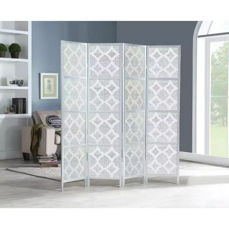 Roundhill Furniture Quarterfoil infused Diamond Design 4-Panel Room Divider, Silver