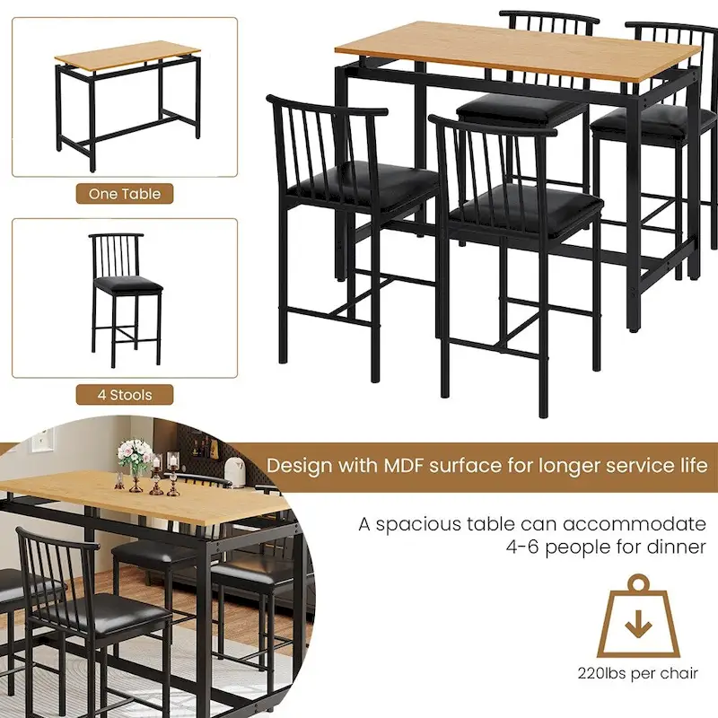 5 Pieces Dining Set, Pub Bar Table Set, PU Stools with Backrest