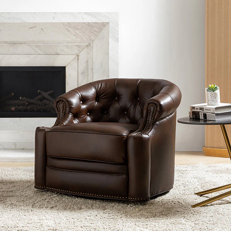 Genuine Leather Tufted Swivel Armchair with Rolled Arms, Nailhead Trim & Black Legs | Chocolate / Camel / Brown / Turquoise | Single Seat