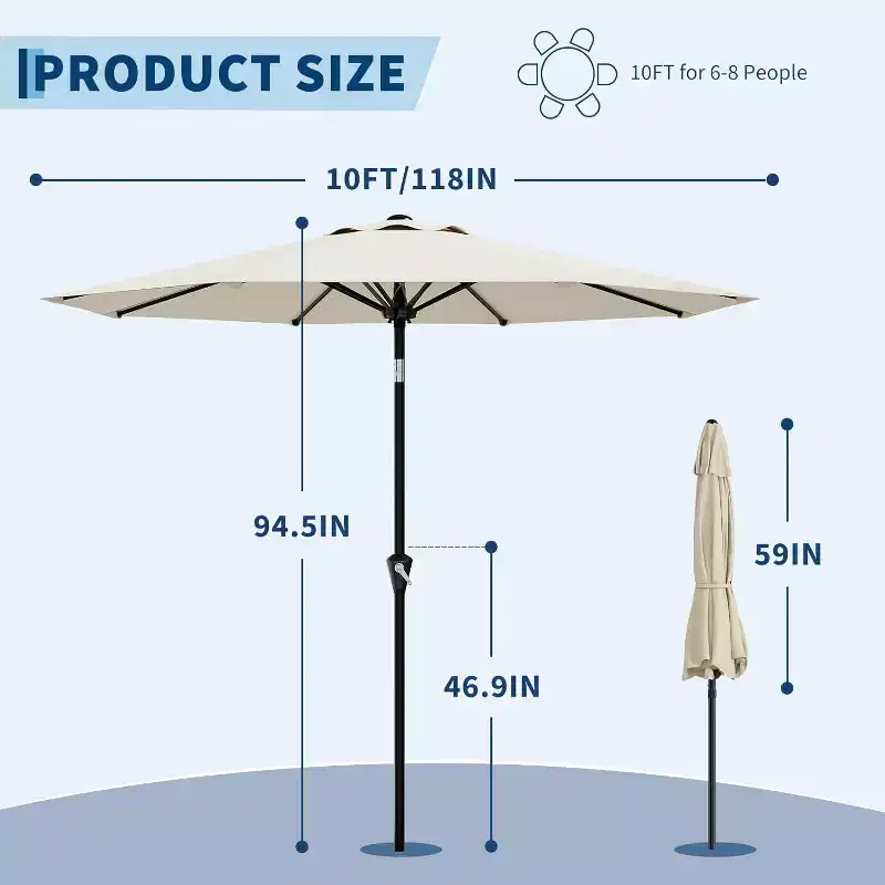 DobleePy 10FT Round Patio Umbrella, 360 Rotation Crank, Push Button Tilt, 8 Ribs, UV Protection Waterproof, No Lights, for Pool Deck Yard Garden