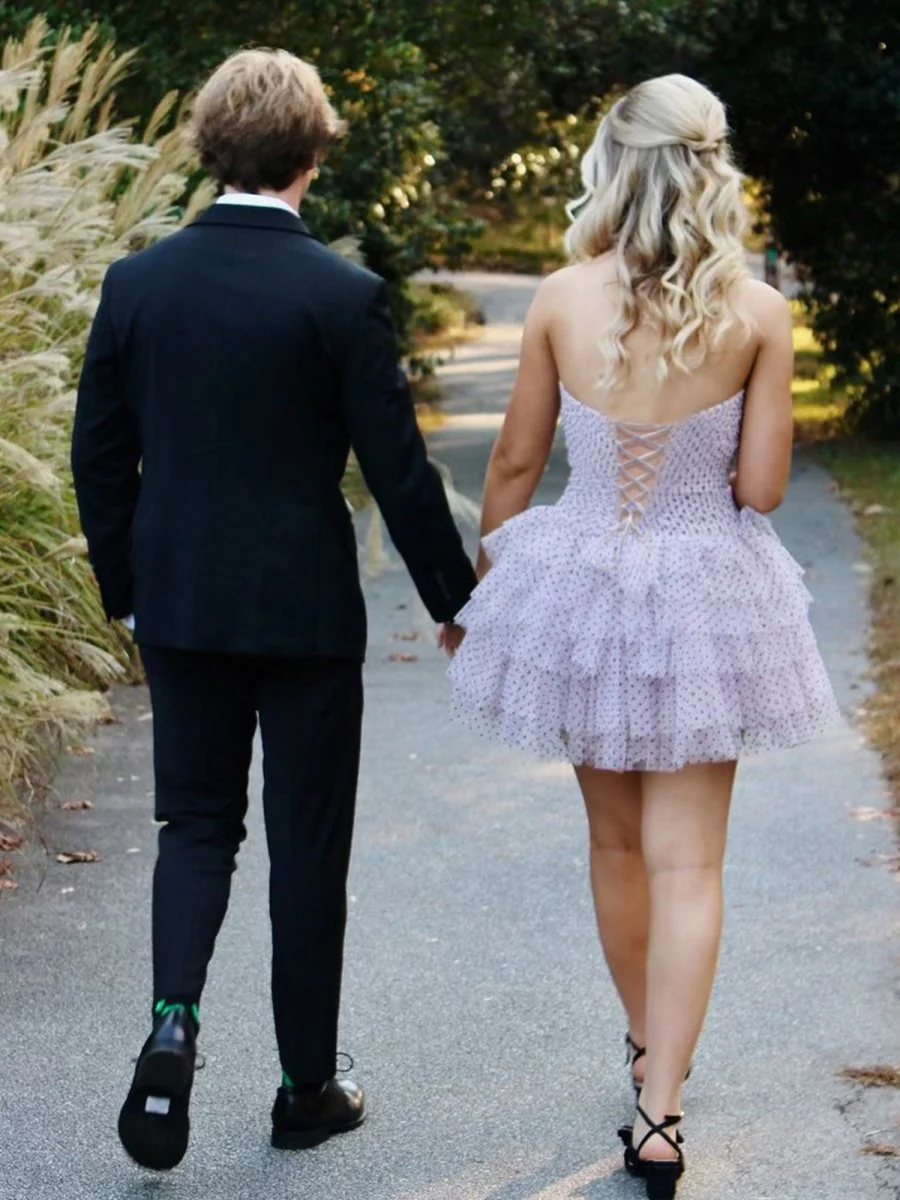 Pink - A Line Strapless Dot Tulle Ruffle Homecoming Dresses With Bow