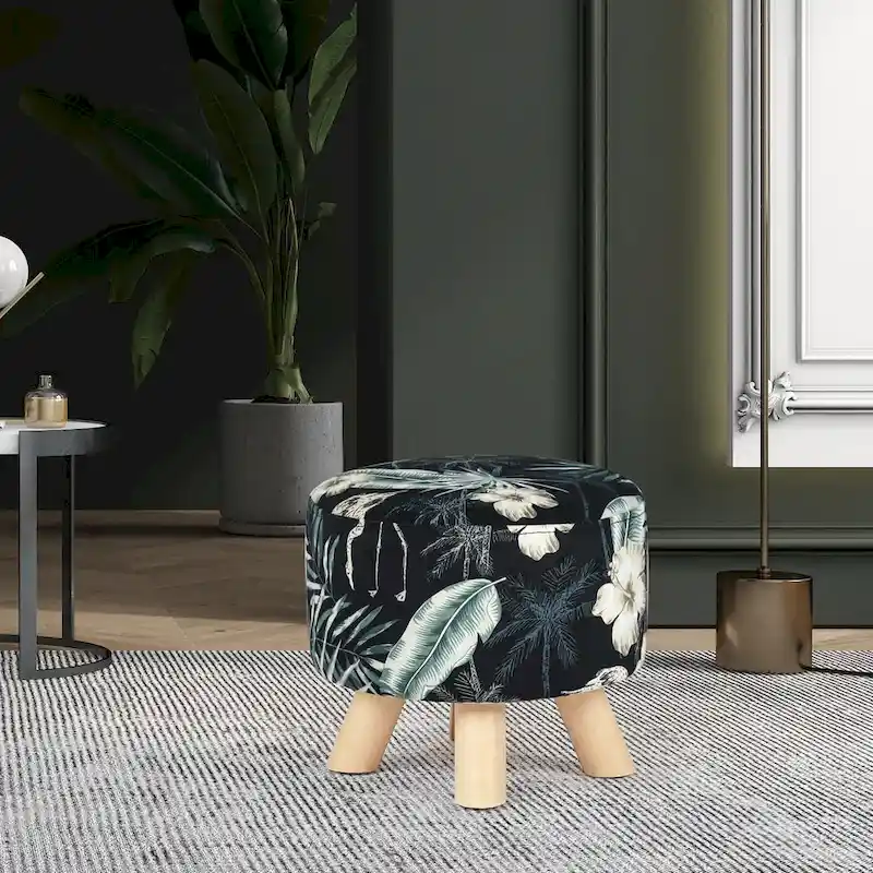 Adeco Modern Round Ottoman Foot Rest Footstool Velvet Fabric Padded