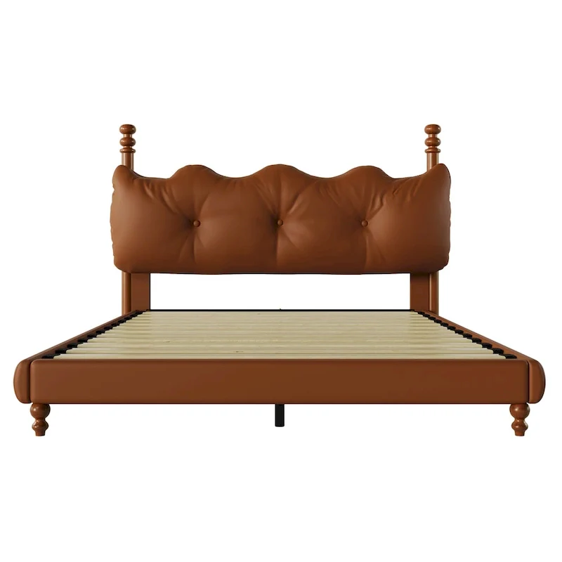 PU Leather Platform Bed with Button-Tufted Headboard & Wood Bedposts – Coffee, Queen / King / Cal King, Sleeps 2