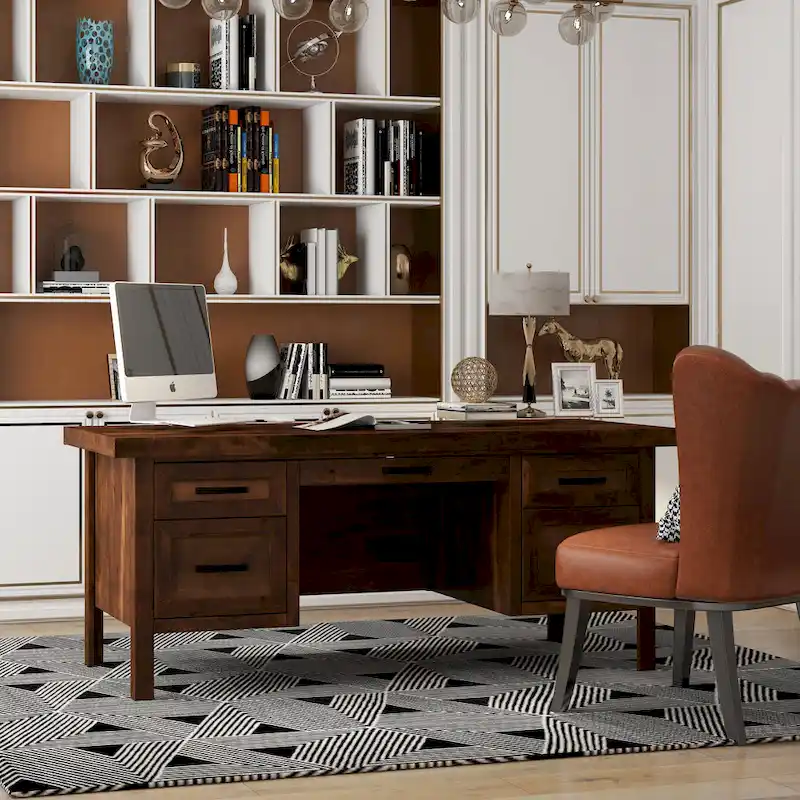 71-inch Knotty Alder Executive Desk with File Drawer - Whiskey Finish