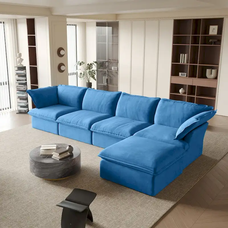 Orange/Red/Green/Blue Velvet L-Shape Sectional Sofa with Ottoman, 4-Seat