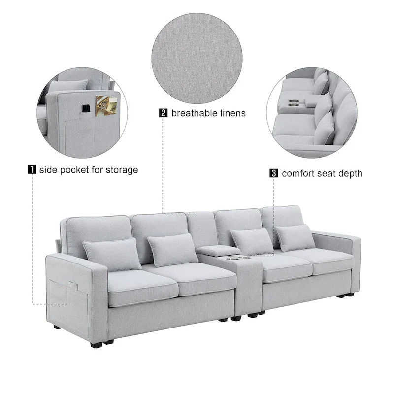 Modern Linen Fabric Upholstered Sofa with Console, 4Pillows,Cupholders,USB
