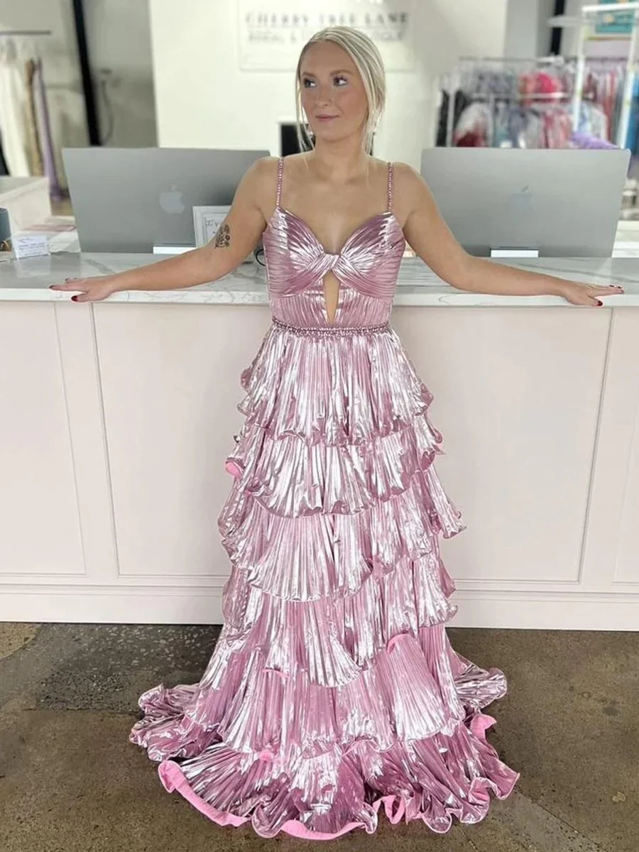 Sweetheart Spaghetti Straps Tiered A-Line Metallic Prom Dress