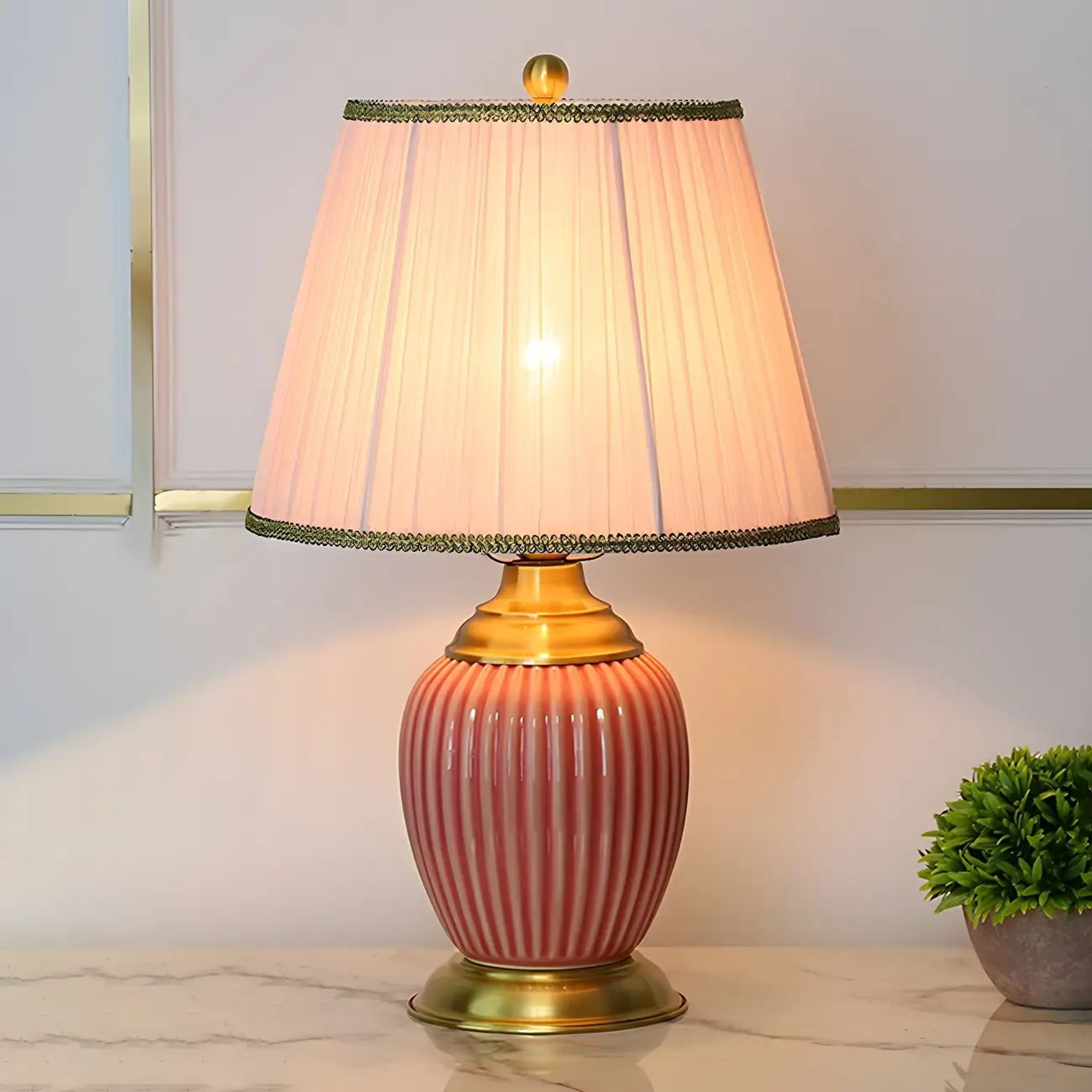 Plug-In Elegant Ceramic LED Table Lamp with Fabric Shade