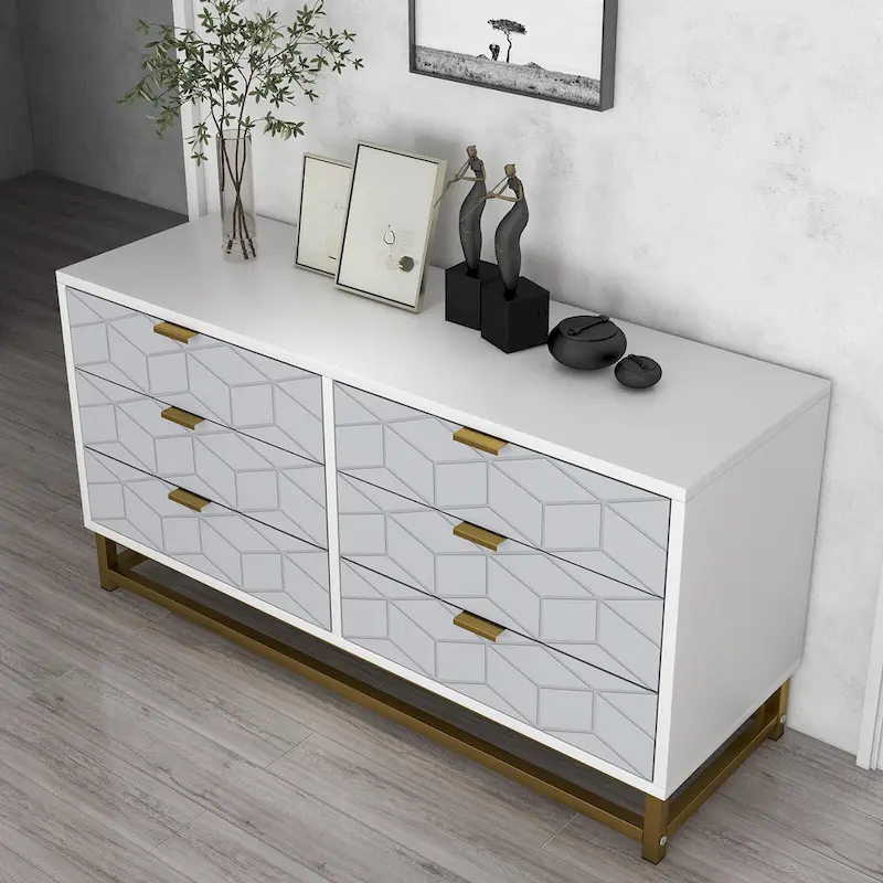 6-Drawer Dresser with Gold Metal Legs - White Wood