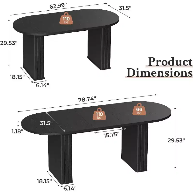 MooxvMoo Extendable Oval Dining Table for 4-8 People, Modern Kitchen Table with Wooden Strip Base, Travertine-Inspired Finish for Living Room, Black