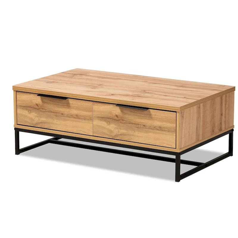 Oak & Black Modern 2-Drawer Coffee Table with Open Shelf & Black Metal Legs