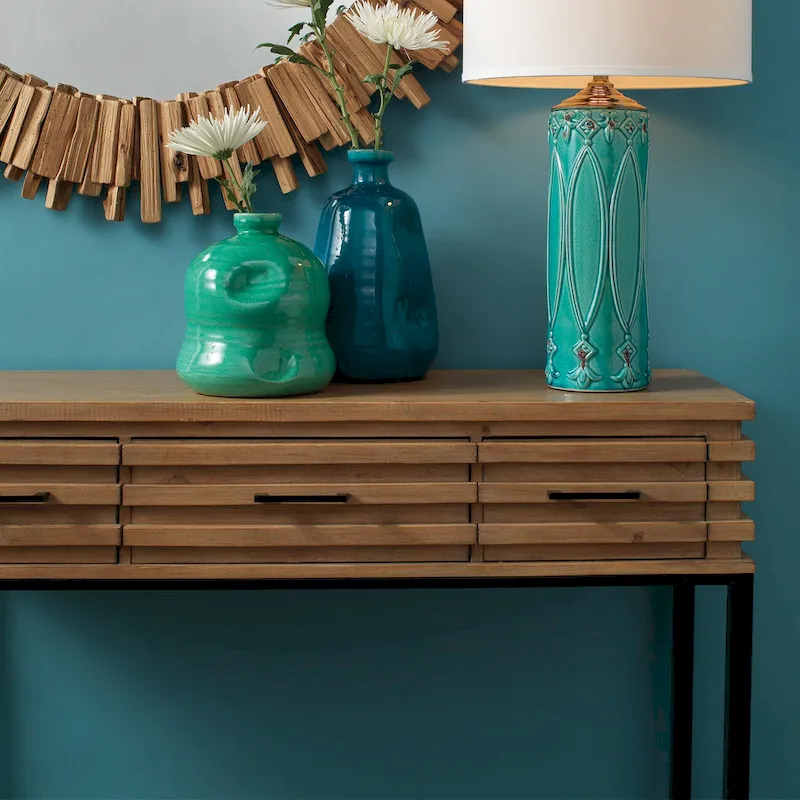 Cherry Brown Slatted Fir Wood Console Table with Black Iron Frame & 3 Drawers – Industrial Style