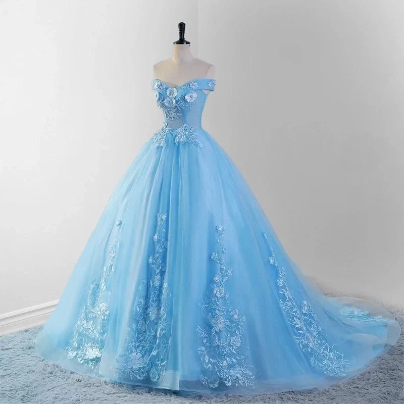 Sky Blue Tulle 3D Flowers Quinceanera Dresses With Train